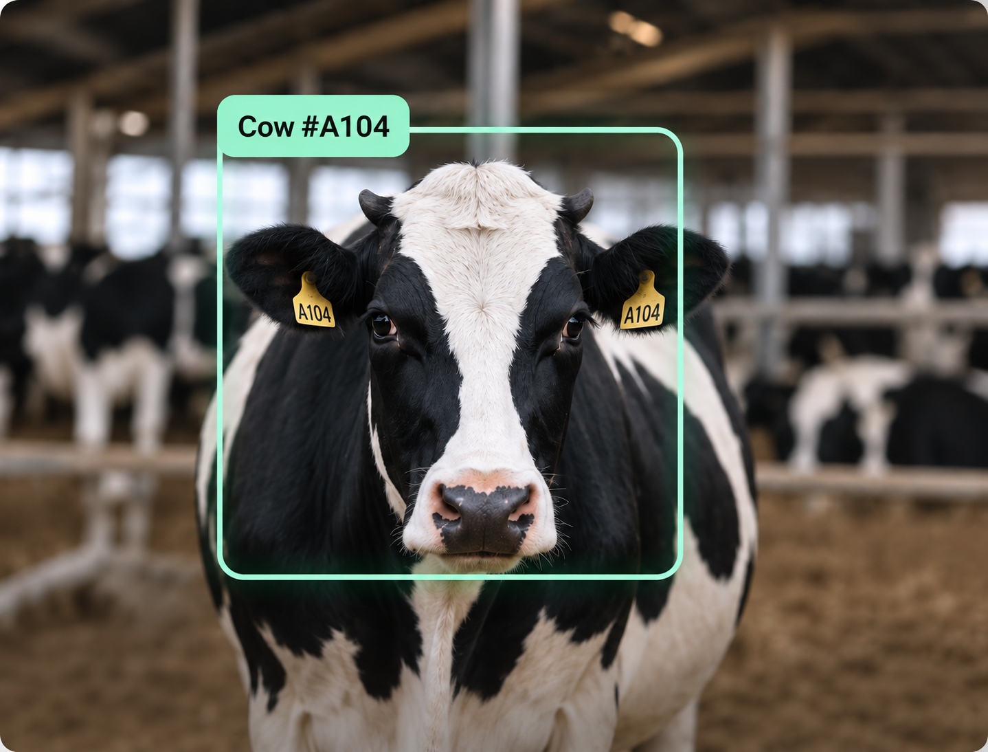 Live camera view of cow A104, identified and tracked in the shed